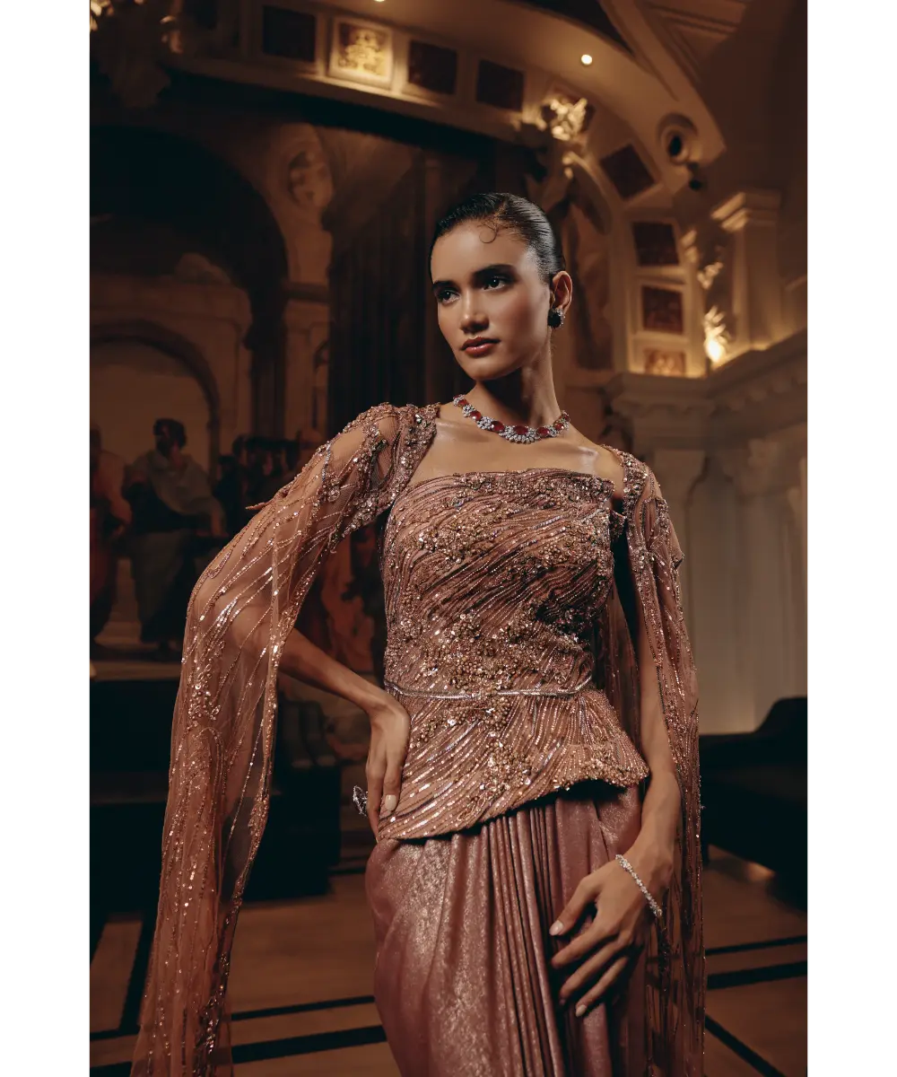 ADAARA COUTURE - Rose Gold Cape Saree
